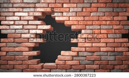 A 3D rendering of a red brick wall with a large hole broken through it