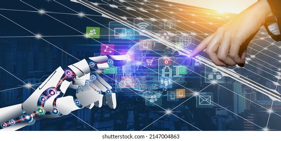 3d Rendering. Robot Hand Making Contact And Human Hand With Global Business Connection Network Concept. 
