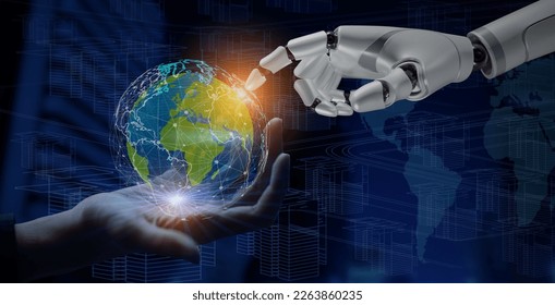 3D rendering of robot hand vs human hand touching digital world and virtual graphic interface and artificial intelligence, World communication concept. - Powered by Shutterstock