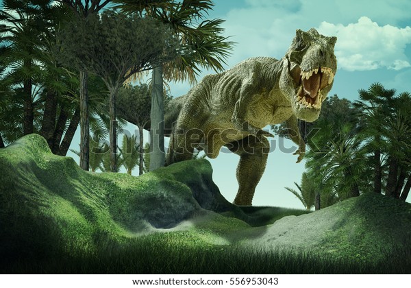 巨大恐竜の3dレンダリングシーンが公園を破壊する の写真素材 今すぐ編集