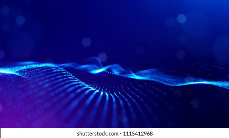 3d rendering, science fiction background of glowing particles with depth of field and bokeh. Particles form line and surface grid. microcosm or space. Blue V13