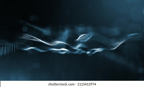 3d rendering, science fiction background of glowing particles with depth of field and bokeh. Particles form line and surface grid. microcosm or space.