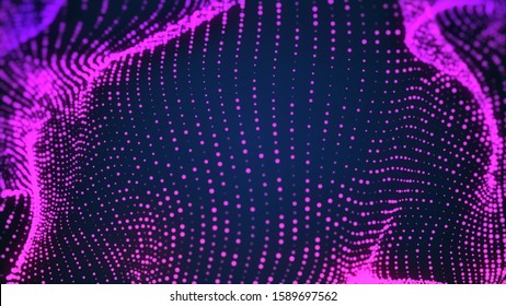 3d rendering, science fiction background glowing particles with depth of field and bokeh. Particles form line and surface grid. microcosm or space.