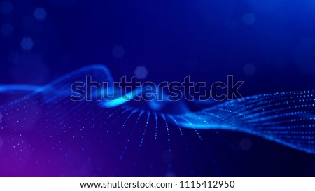 3d rendering, science fiction background of glowing particles with depth of field and bokeh. Particles form line and surface grid. microcosm or space. Blue V11