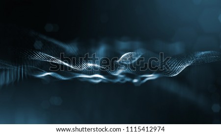 3d rendering, science fiction background of glowing particles with depth of field and bokeh. Particles form line and surface grid. microcosm or space.