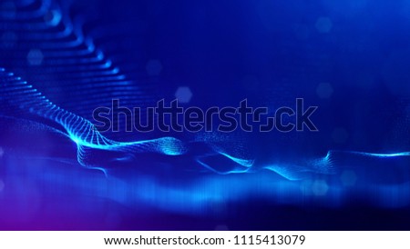 3d rendering, science fiction background of glowing particles with depth of field and bokeh. Particles form line and surface grid. microcosm or space. Blue V40