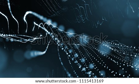 3d rendering, science fiction background of glowing particles with depth of field and bokeh. Particles form line and surface grid. microcosm or space. Blue V30