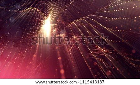 3d rendering, science fiction background of glowing particles with depth of field and bokeh. Particles form line and surface grid. microcosm or space. Red gold v55