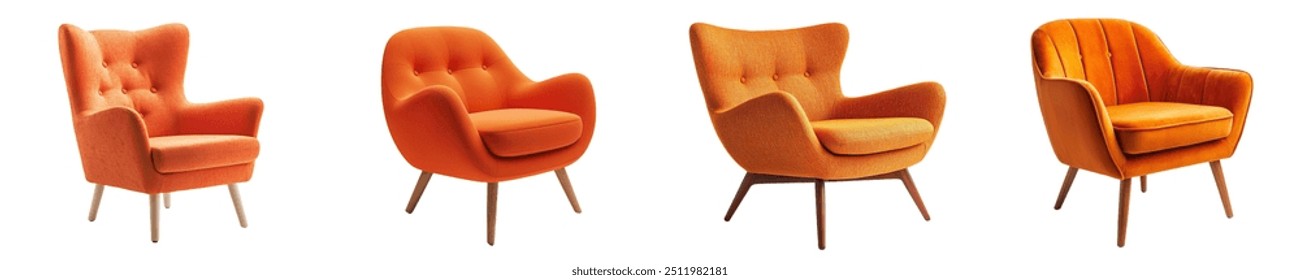 The 3D rendering shows an orange modern lounge armchair isolated in the distance