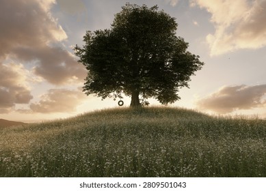 3D Rendering of a single big oak tree standing on a blooming meadow next to a tire swing