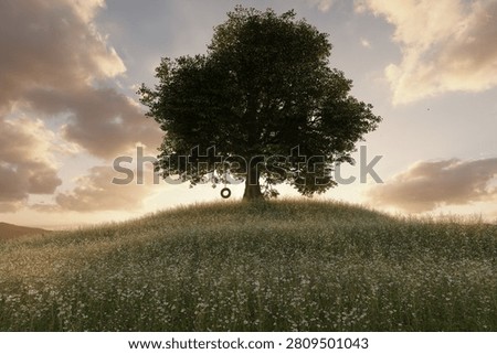 3D Rendering of a single big oak tree standing on a blooming meadow next to a tire swing