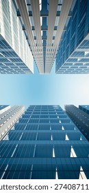 3d rendering of skyward view of modern skyscrapers rising toward open sky, showcasing urban architecture and metropolitan development, represents real estate growth and office buildings.