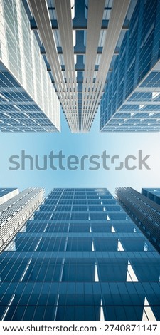 3d rendering of skyward view of modern skyscrapers rising toward open sky, showcasing urban architecture and metropolitan development, represents real estate growth and office buildings.