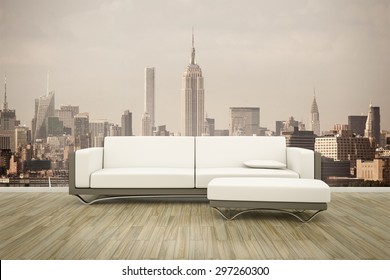 3D rendering of a sofa in front of a photo wall mural New York