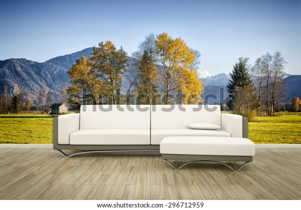 3D rendering of a sofa in front of a photo wall mural autumn landscape