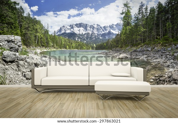 3d rendering of a sofa in front of a photo landscape wallpaper mural Eibsee Zugspitze.