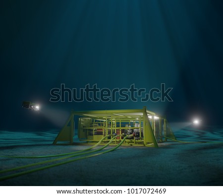 3D rendering of a subsea production manifold being inspected by ROVs