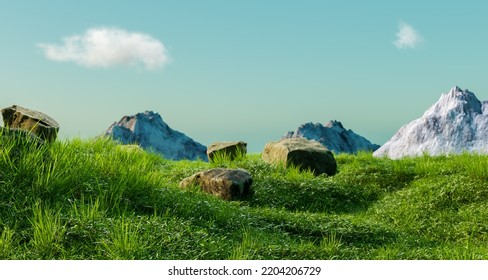 3d rendering of a sunny alpine meadow with lush grass and distant snowy mountains.