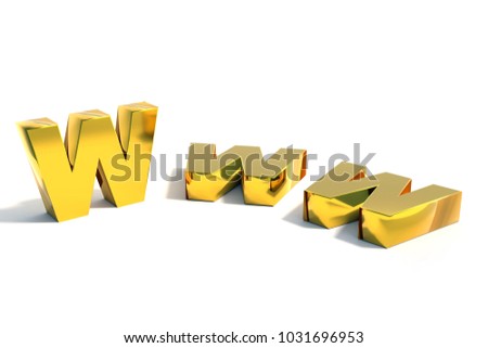 3D rendering of three golden WWW Internet acronym over white background