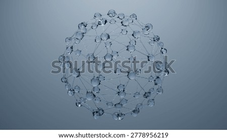 A 3d rendering of transparent molecular structure with interconnected nodes and lines, resembling spherical network