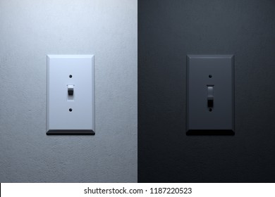3D Rendering turn on and turn off side by side Light Switch on white concrete wall