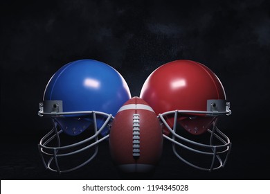 3d rendering of two helmets of different colors standing on both sides of an American football ball. Sport competition. American football league. Opposite teams. - Powered by Shutterstock