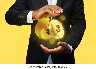3d rendering of US dollar coins concept floating over palm of Business man, Digital currency suspending over hand. hologram in hands on white background