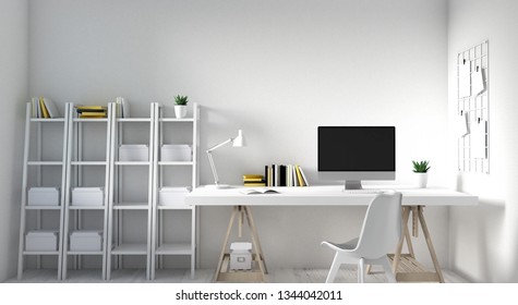 3d Rendering Of White, Bright, Clean Home Office And Work Space. Work From Work And Remote Work Are New Trends For This Period. Stay Home, Stay Safe Is A Concept For New Technology Business.