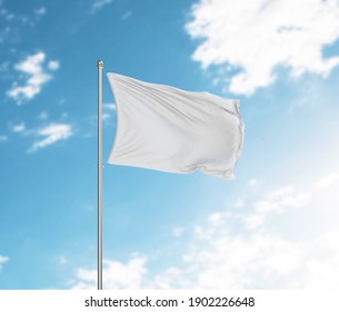 3d rendering White flag waving in the wind on flagpole. Sky with clouds background
