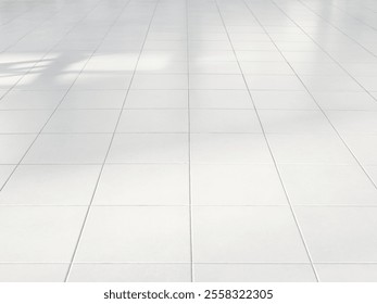 3D rendering of white tile floor with square grid pattern in perspective, clean and shiny  