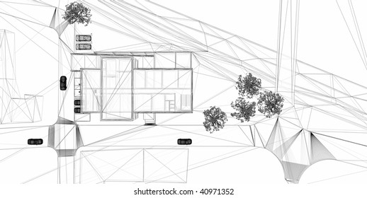 3D rendering wire-frame of building. White background. view from above - site plan