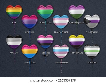 3D Representation Of The Flags Of Sexual Diversity Illustrated With Metallic 3D Balloons In The Shape Of A Heart