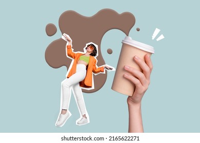 3d retro abstract creative artwork template collage of charming lady dancing arm holding big coffee cup isolated pastel color background