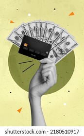 3d retro abstract creative artwork template collage of arm rising credit card cash money fan isolated painting background