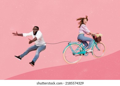 3d retro abstract creative artwork template collage of funny girl driving bike pulling cable guy isolated pink painting background - Powered by Shutterstock