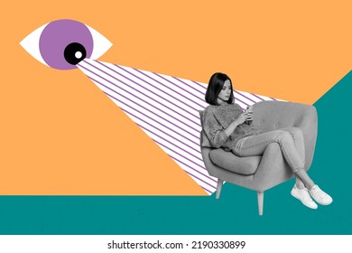 3d retro abstract creative artwork template collage of hacker eye spying personal data girl sit armchair relax use telephone cyber security - Shutterstock ID 2190330899