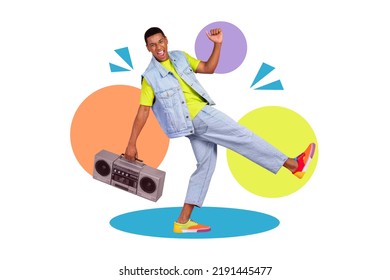 3d Retro Abstract Creative Artwork Template Collage Of Funny Funky Guy Walking Listening Boom Box Isolated Painting Background