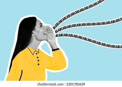 3d retro abstract creative artwork template collage of talkative woman hand cover mouth tell speak bla painting shirt drawing background - Shutterstock ID 2201785639