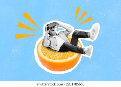 3d retro abstract creative artwork collage of man sitting half orange fruit excited wear virtual reality glasses impressed virtual world - Powered by Shutterstock