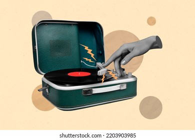 3d retro abstract creative artwork template collage of hand turn on vinyl recorder play listen old music vintage retro culture melody song - Shutterstock ID 2203903985