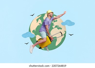 3d retro abstract creative artwork template collage of funny funky excited man riding flying baggage planet earth traveler journey plane