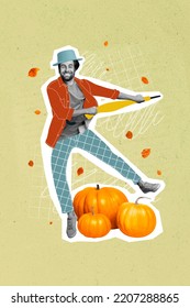 3d retro abstract creative artwork template collage of happy smiling guy dancing umbrella gathering pumpkins isolated painting background