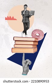 3d retro abstract creative artwork template collage of intelligent young man student businessman hold laptop use knowledge reach success