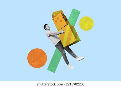 3d Retro Abstract Creative Artwork Template Collage Of Funny Young Man Holding Pile Stack Carton Boxes Delivery Falling Balance Metaphor