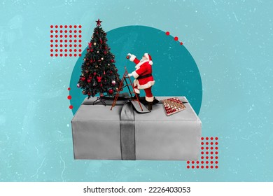 3d retro abstract creative artwork template collage of little santa claus climbing ladder decorate adorn christmas new year tree giftbox - Shutterstock ID 2226403053