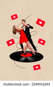 3d retro abstract creative artwork template collage of dancing young couple dress suit tango vinyl retro vintage recorder heart love icons