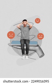 3d retro abstract creative artwork template collage of astonished shocked man sitting hand holding smartphone negative comment social media