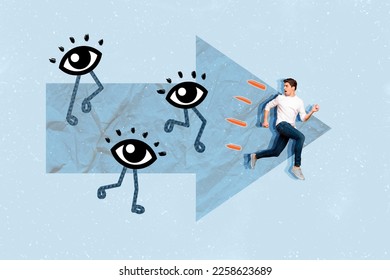 3d retro abstract creative artwork template collage funny running away chasing big eyes hunting arrow escaping superintend supervision