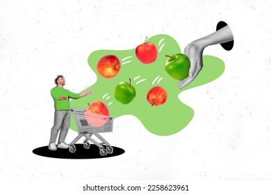 3d retro abstract creative artwork template collage of big arm apple flying young man shopping promo banner pushcart healthy nutrition - Shutterstock ID 2258623961
