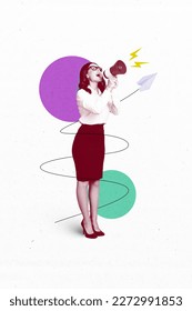 3d retro abstract creative artwork template collage of excited lady worker screaming loudspeaker isolated painting background